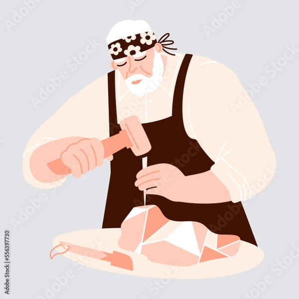 Obraz Male sculptor carving a piece of stone using chisel and hammer.  Portrait of a man working on a sculpture. Vector flat illustration with stonecutter