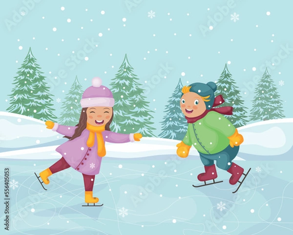 Fototapeta Children at the skating rink. Cute winter illustration of children skating on ice. Funny boy and girl on a skating rink against the background of a winter forest. Vector