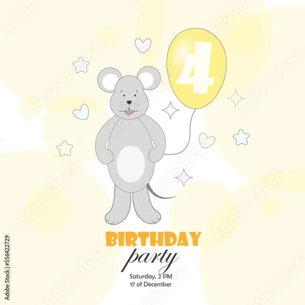 Fototapeta A postcard, an invitation to a birthday party with a mouse with a balloon in its paw with the number 4. Vector illustration