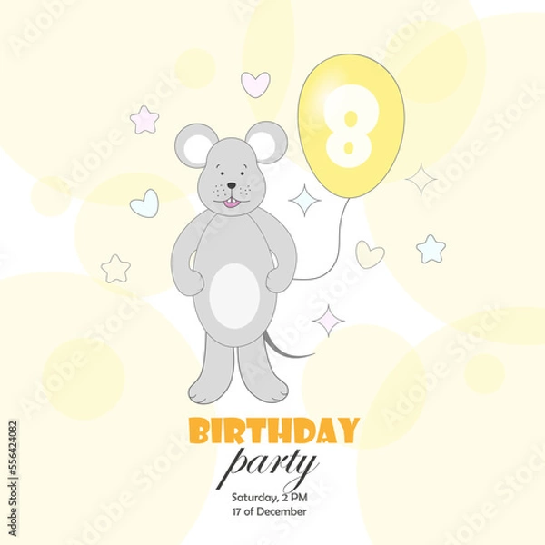 Fototapeta Postcard, invitation to a birthday party with a mouse with a balloon in its paw with the number 8 Vector illustration