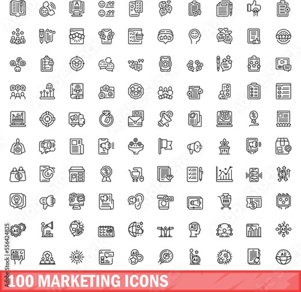 Obraz 100 marketing icons set. Outline illustration of 100 marketing icons vector set isolated on white background