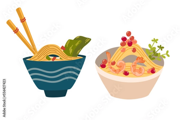 Fototapeta Ramen noodle set. Asian Food. Ramen noodle with egg, meat, fish, shrimp and seaweed. Perfect for restaurant cafe and print menus. Vector hand draw cartoon illustration.