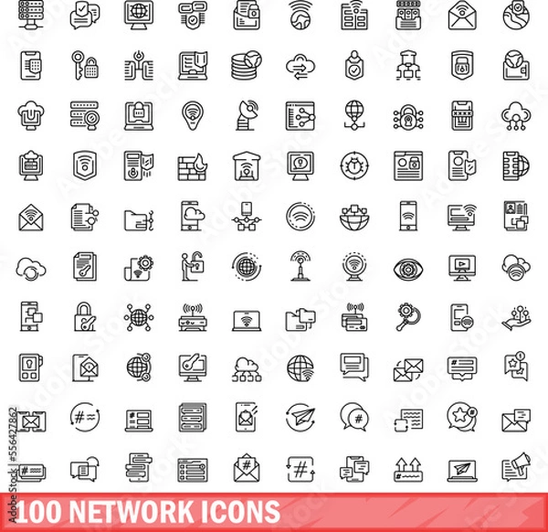 Obraz 100 network icons set. Outline illustration of 100 network icons vector set isolated on white background