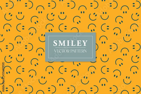Obraz Black outline smiley happy face fun emoji on a yellow background seamless repeat vector abstract pattern