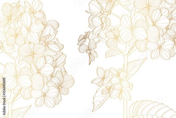 Obraz Luxury wallpaper design with golden hydrangea flower and natural background. Line design for wall art, fabrics, prints and background texture, illustration.