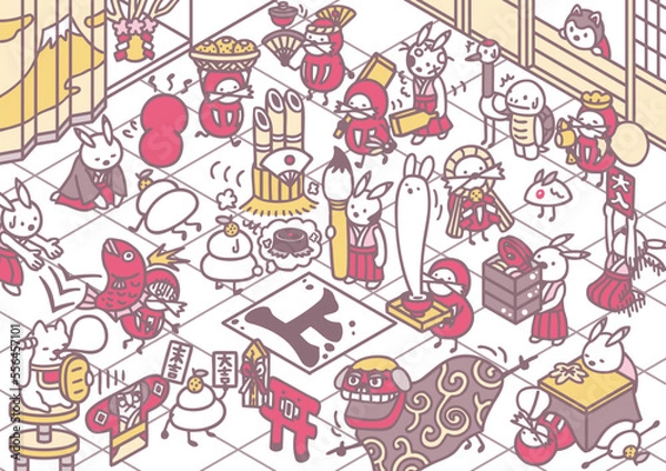 Fototapeta 正月のイメージ　兎　ダルマ　正月行事　正月遊び　鏡餅