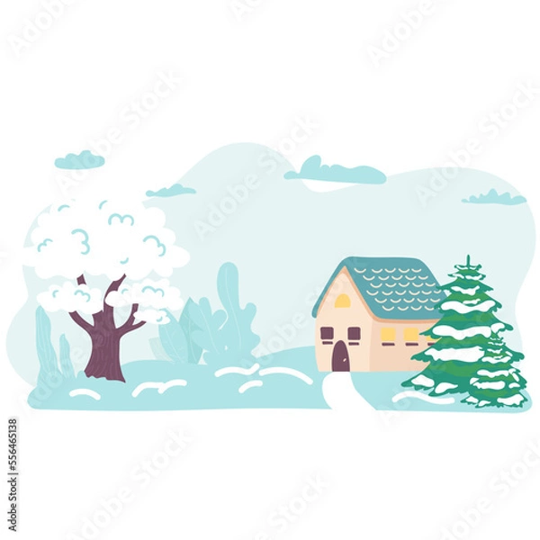 Obraz Vector illustration of a Christmas winter landscape postcard.Retro color of winter landscape with kids, snowman and deer.Minimal winter concept.