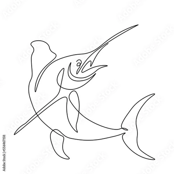Fototapeta Drawing of a jumping swordfish made in the one line art technique. Minimalistic black and white image