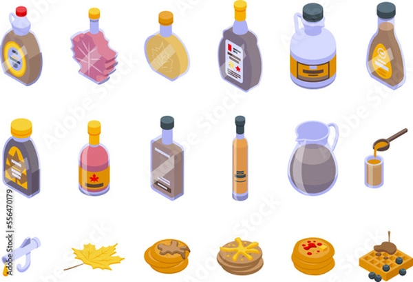 Fototapeta Maple syrup icons set isometric vector. Sweet bottle. Pancake stack