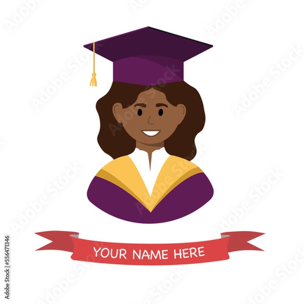 Obraz Smiling graduates girl in graduation hat and gown. Graduation greeting card. Vector icon. 