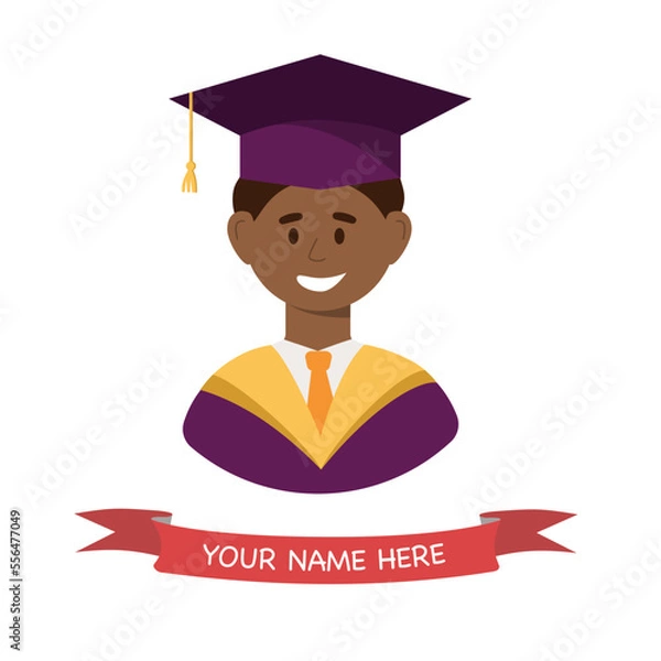 Obraz Smiling graduates guy in graduation hat and gown. Graduation greeting card. Vector icon. 