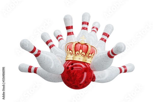 Fototapeta Red bowling ball and skittles isolated on white background. 3D illustration, 3D render.