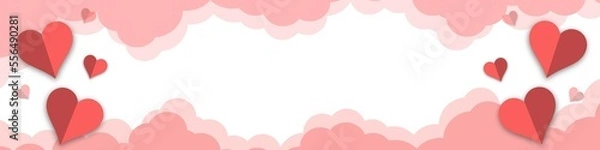 Fototapeta Valentine’s Day modern minimalistic design for Website, greeting or Sale banner, flyer, poster in paper cut style with cute flying Origami Hearts over clouds isolated on background.