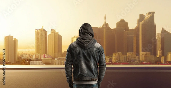 Obraz empty road, big house city background, sunrise