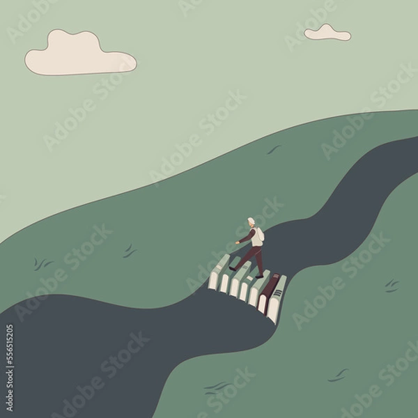 Fototapeta Concept: book is source of knowledge.Tiny man crosses river on bridge consisting of books. Book as aid in overcoming difficulties and obstacles in life.Hand-drawn raster