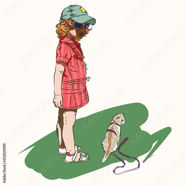 Fototapeta A girl walks a kitten on a harness. Illustration with a child.