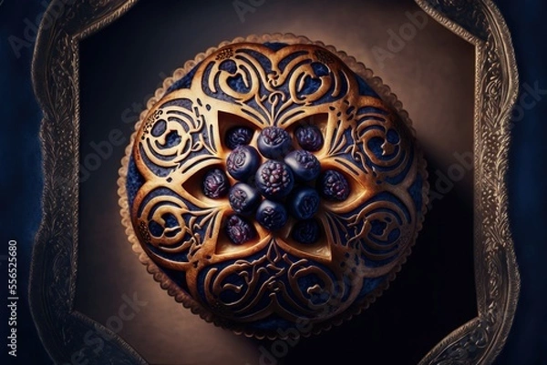 Fototapeta a blue and gold decorated pastry in a gold frame on a table top with a blue background and a blue background.