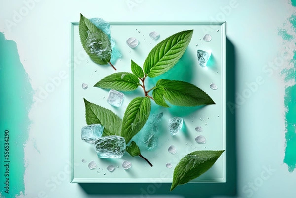 Obraz Mint leaves in top view with ice cubes and drips of water on a pale blue background. Generative AI