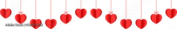 Fototapeta Hanging hearts garland.Red 3d paper hearts .Heart png.Set of simple hearts.Valentine's Day seamless pattern. Hearts garland . Valentine's day decoration.
