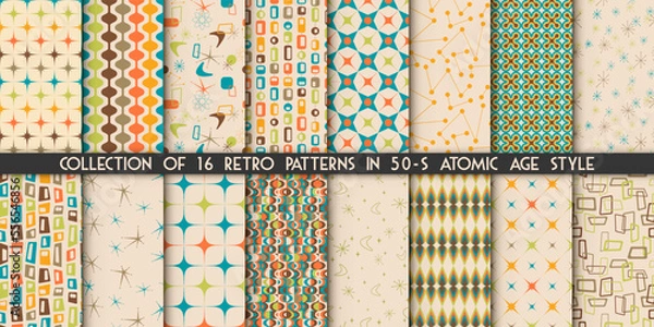 Fototapeta Kolekcja 16 lat pięćdziesiątych nowoczesnych atomowych retro bezszwowych wzorów wektorowych. Duży styl vintage modny zestaw. Tekstury 50s