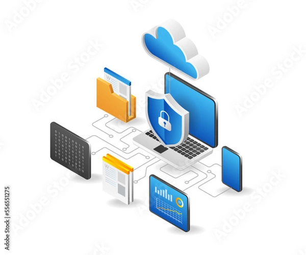 Fototapeta Flat isometric 3d illustration computer cloud server security program network concept