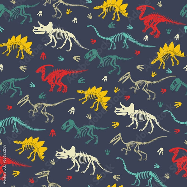Fototapeta Seamless vector pattern with dinosaur skeleton. 