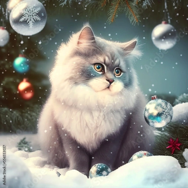 Fototapeta Christmas greeting card with a fluffy cute kitty sitting near a snowed covered pine branch with Christmas balls in forest, created with Generative AI technology
