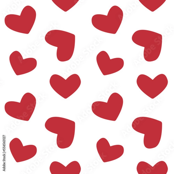 Fototapeta Vector seamless pattern of red hand drawn flat hearts isolated on white background