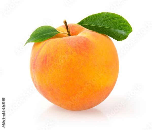 Fototapeta Single Peach with Leaf Isolated on White Background