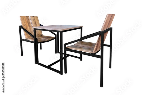 Fototapeta Modern wooden table with steel legs and chair