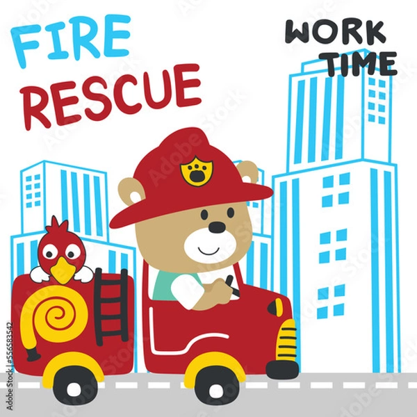 Obraz Vector illustration of funny bear firefighter on fire truck. Creative vector childish background for fabric, textile, nursery wallpaper, card, poster and other decoration