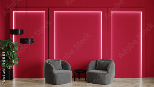 Fototapeta Luxury living room in trend 2023 color. Viva magenta wall, lounge furniture gray. Empty space for art or picture. Rich interior design. Mockup lounge or reception hall in red burgundy tone. 3d render 