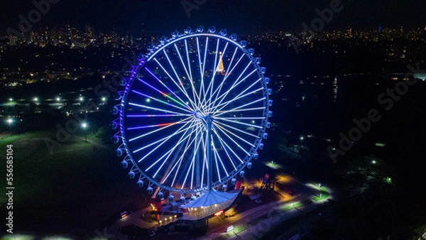 Obraz Aerial Photography Aerial view of the largest Ferris wheel in Latin America. Officially called “Roda Rico”, it is working in Parque Cândido Portinari, 