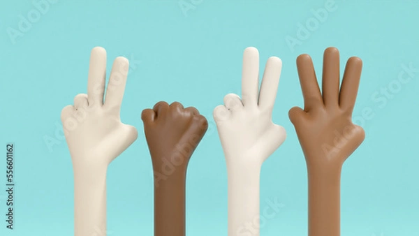 Fototapeta 3D illustration. Multi nationality hands show symbol of new year 2023 on green background with cliping path.