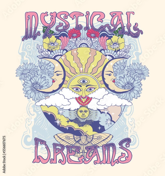 Fototapeta MYSTICAL DREAMS.Retro 70's psychedelic hippie element illustration print with groovy slogan for man - woman graphic tee t shirt or sticker poster - Vector