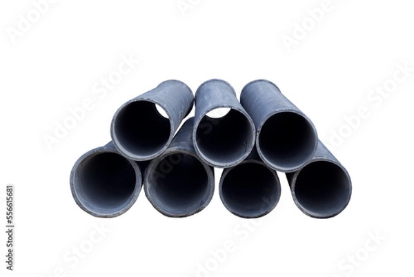 Fototapeta Pile of asbestos cement pipes in construction site isolated on white background included clipping path.