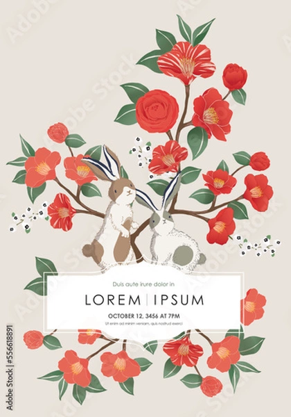 Fototapeta Vector illustration of rabbits under camellia trees. The year of the rabbit. New Year's Illustration. Design for invitation card, poster, brochure, web design and print project	