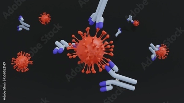 Fototapeta 3D rendering of antibodies bind to epitope of virus paticles on black background.