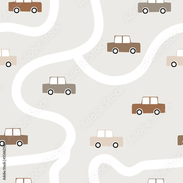 Fototapeta Cartoon cars bohemian style. Seamless pattern with transport. Simple background for the design of a children room, textiles. Cute toy vehicle. Doodle machine design in pastel earth tones. Road map
