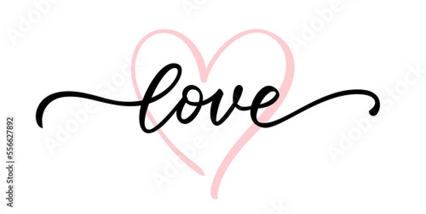 Fototapeta LOVE word hand drawn lettering. Modern calligraphy script love text. Vector illustration. Design for print on shirt, poster, banner. Pink color text on white background. Lovely print for tee shirt