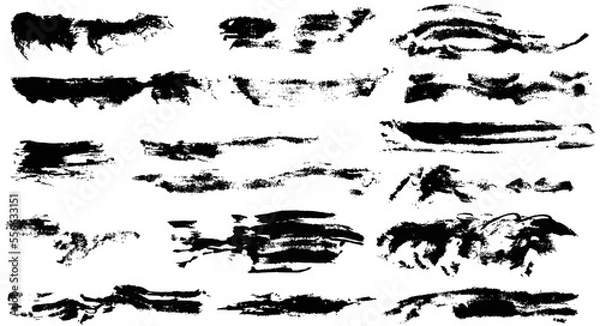 Fototapeta Vector set of different grunge brush dry smears. Collection of artistic ink black paint hand made creative brush stroke isolated on white background