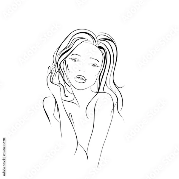 Fototapeta Beautiful woman, single line on a white background, isolated vector illustration. Tattoo, print and logo design for a spa or beauty salon. Line art.