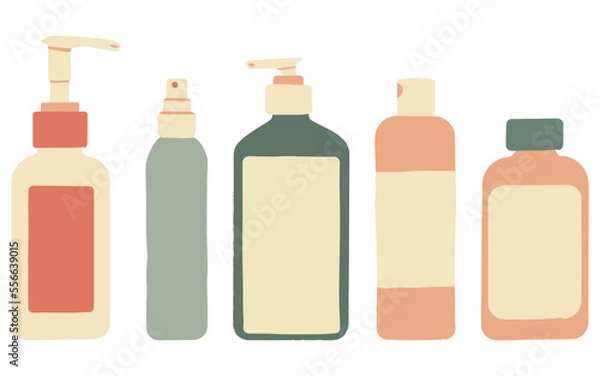 Fototapeta Set of skincare isolated objects: bottles with dispenser for lotion, foam, cream, liquid soap, etc. Hand-drawn cosmetic product pack with lettering. Flat vector illustration