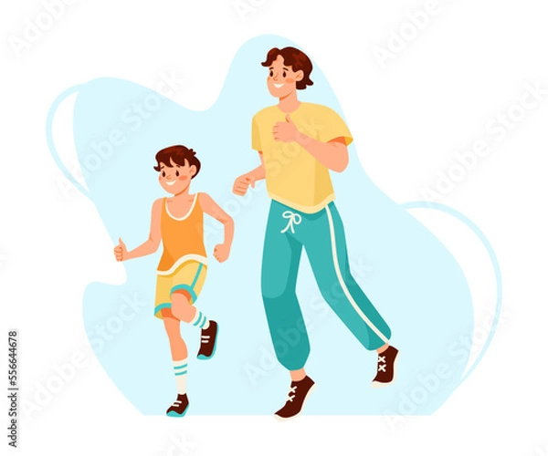 Fototapeta Man Parent with His Son Jogging Doing Sport and Physical Exercise Vector Illustration