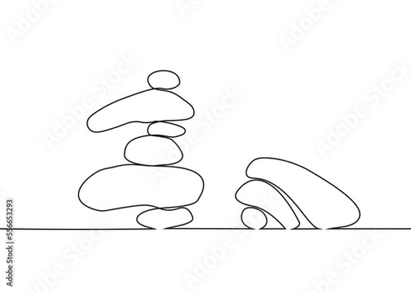 Fototapeta The drawing of standing balanced and fallen unbalanced stones pyramids made in one-line art technique. Minimalistic black and white image