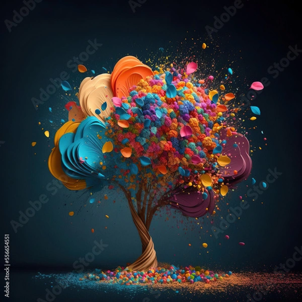 Fototapeta Blooming, wild flower tree Illustration, pastel creative landscape of nature waking up with the arrival of Spring. An explosion of colorful tree on dark background, plants bloom. Generative AI.