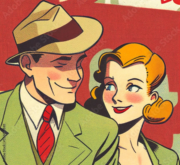 Fototapeta Portrait of couple in love, painted in retro style of 1930s or 1950s.