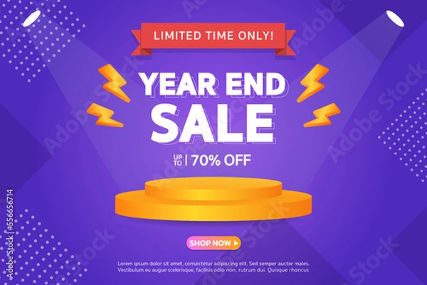 Fototapeta Year End Sale. Special offer Mega sale up to 70% off with realistic podium. Banner background vector illustration