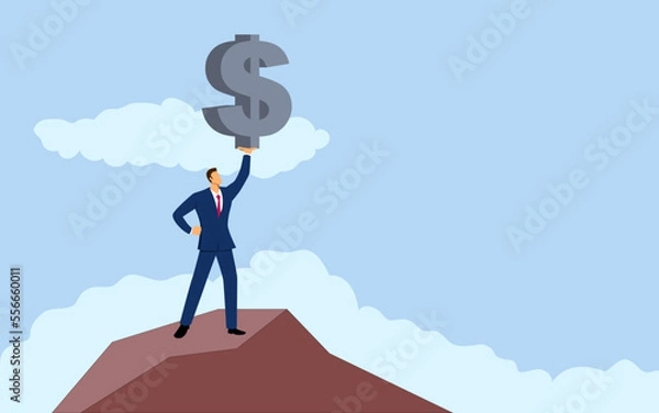 Fototapeta Businessman holding dollar symbol on top of a mountain