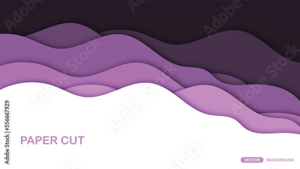 Fototapeta Paper cut background with wavy layers in Purple. Abstract design for brochure, flyer, magazine, business card, branding, banner, header, book cover, notebook vector background